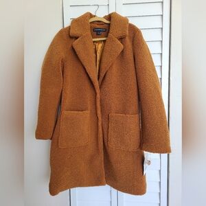 French Connection, Women's Faux Shearling Teddy Lapel Midi Coat, Cognac, Large